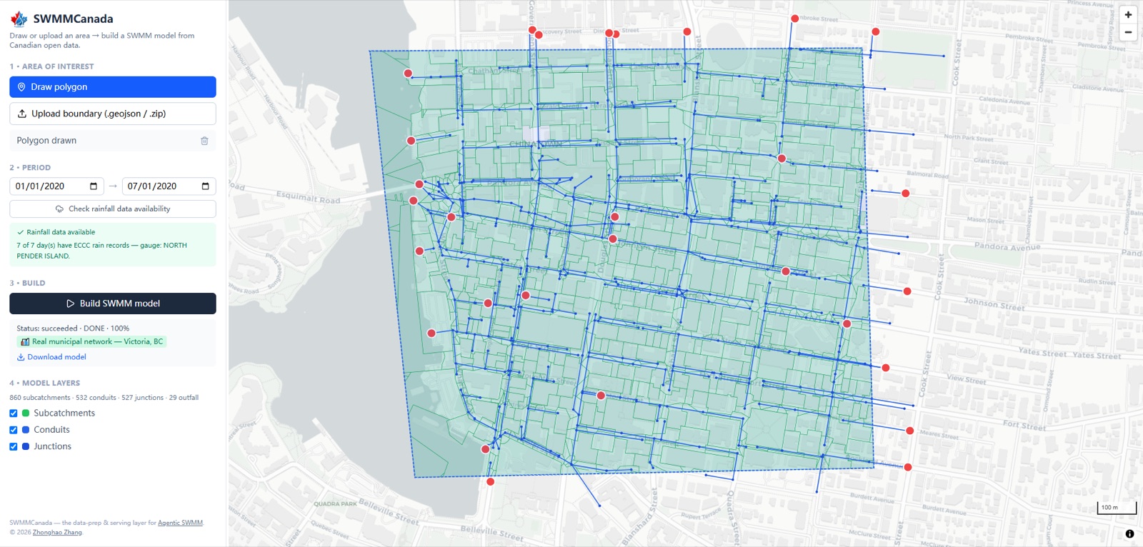 The SWMMCanada web app after building downtown Victoria: real storm network and parcel-shaped subcatchments on the map, with the build mode and model layers in the side panel